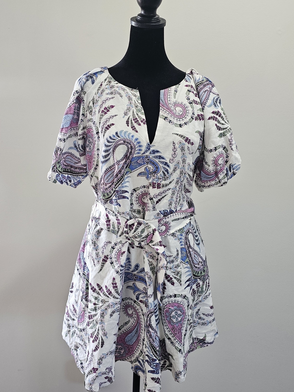 LOFT White Paisley Tie-Waist Linen Blend Mini Dress Size 2{Bx19}